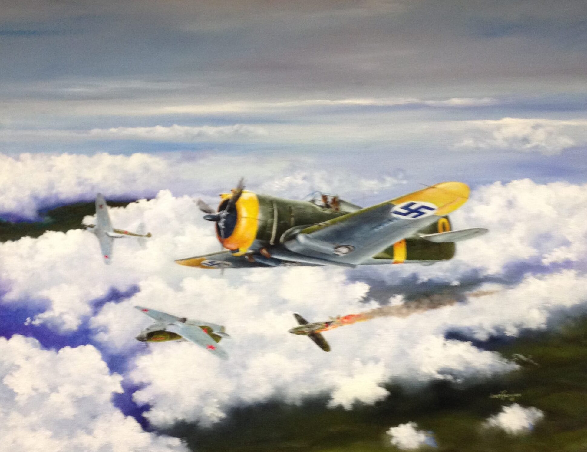 Antti Salminen's oil painting. Curtiss Hawk is flying over the clouds.